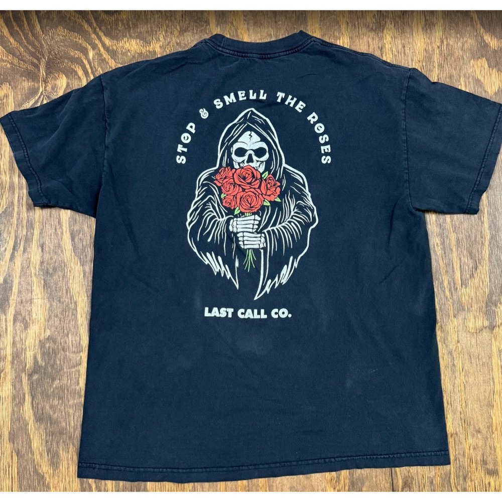 Last Call Co Stop & Smell the Roses Grim Reaper Tee Black XL Goth